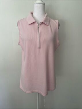 Sleeveless Ribbed Zip Polo Tank - Pale Pink